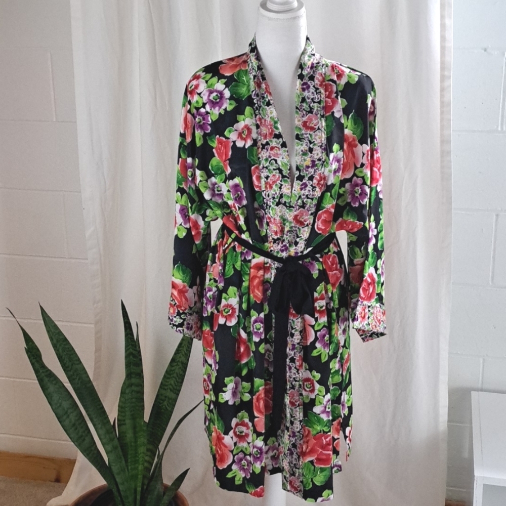 Vintage Victoria's Secret satin floral midi length robe self tie belt OS szM
